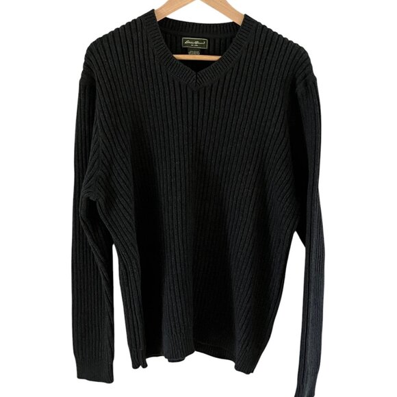 Eddie Bauer Sweater Mens L V-Neck Charcoal Gray Ribbed Heavyweight Australian - Picture 1 of 10